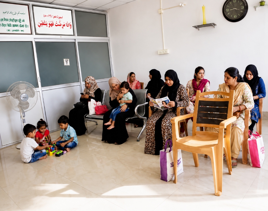 Welcoming waiting lounge at Eat Well Dental Clinic with comfortable seating and a play area for children