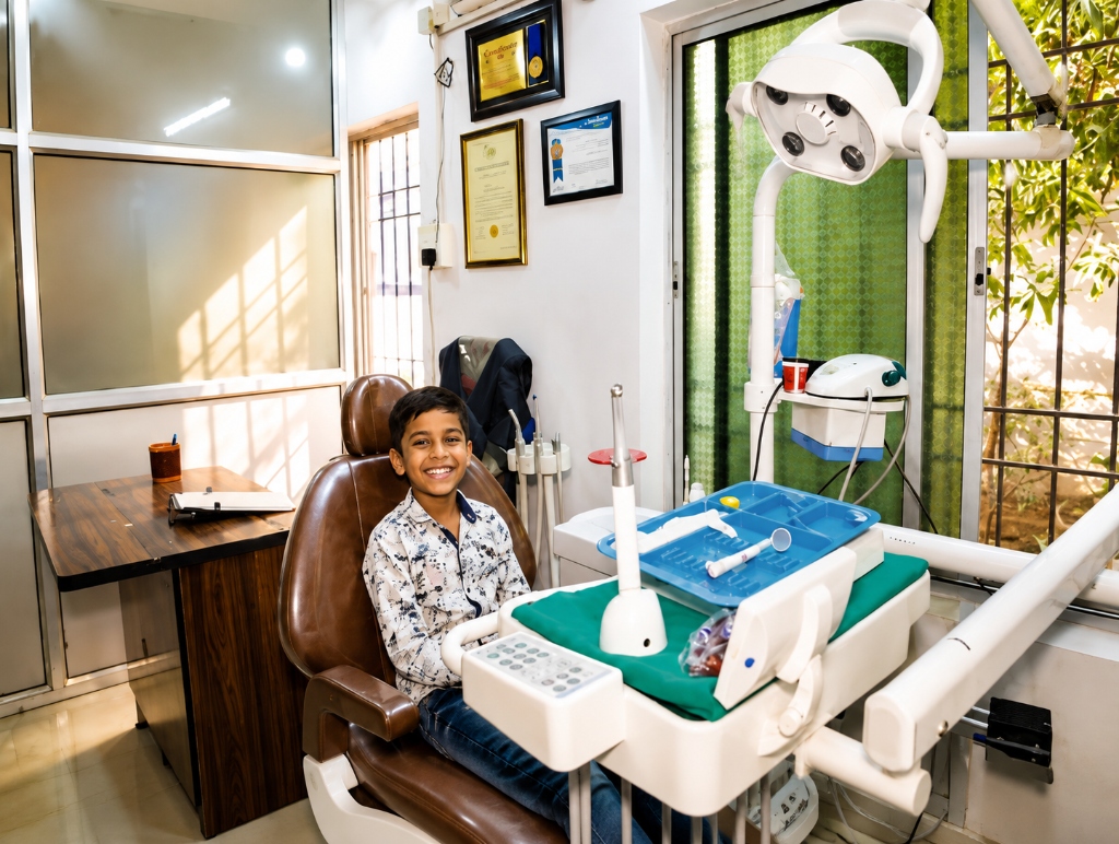 Happy young boy smiling confidently in the dental treatment chair at Eat Well Dental Patna
